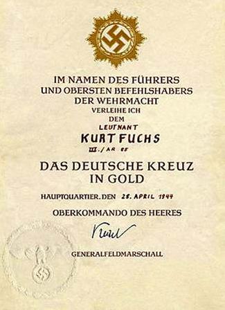 Документ о награждении Германским Крестом в золоте