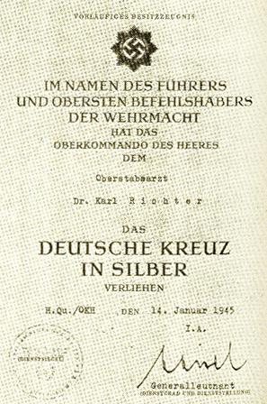 Документ о награждении Германским Крестом в серебре